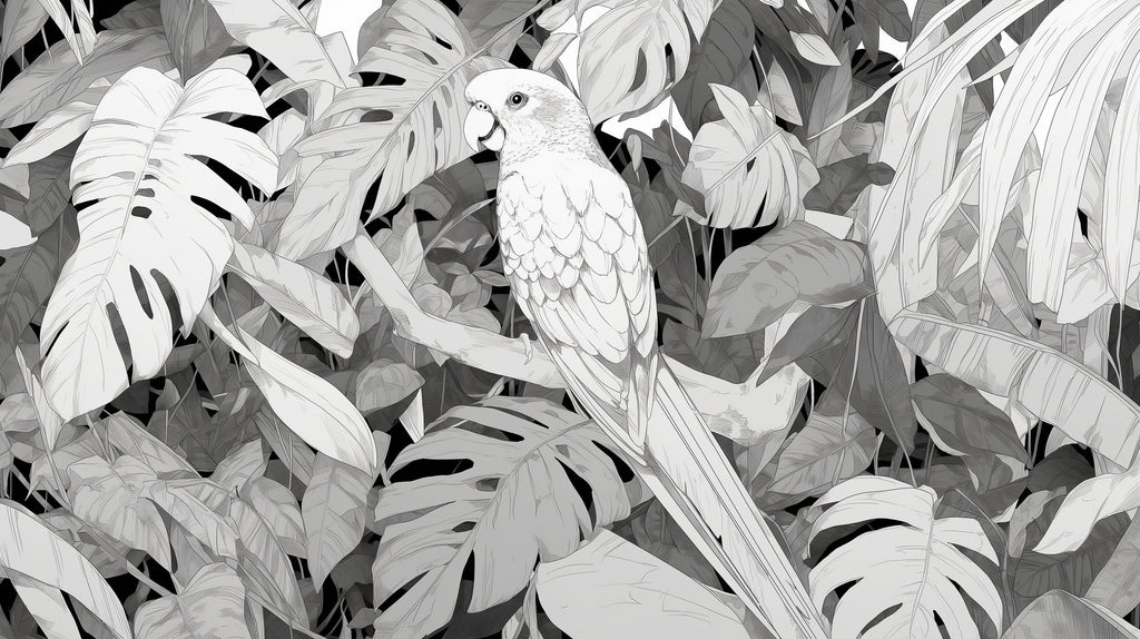 Black and white tropical bird wallpaper design file showing detailed parrot and monstera pattern