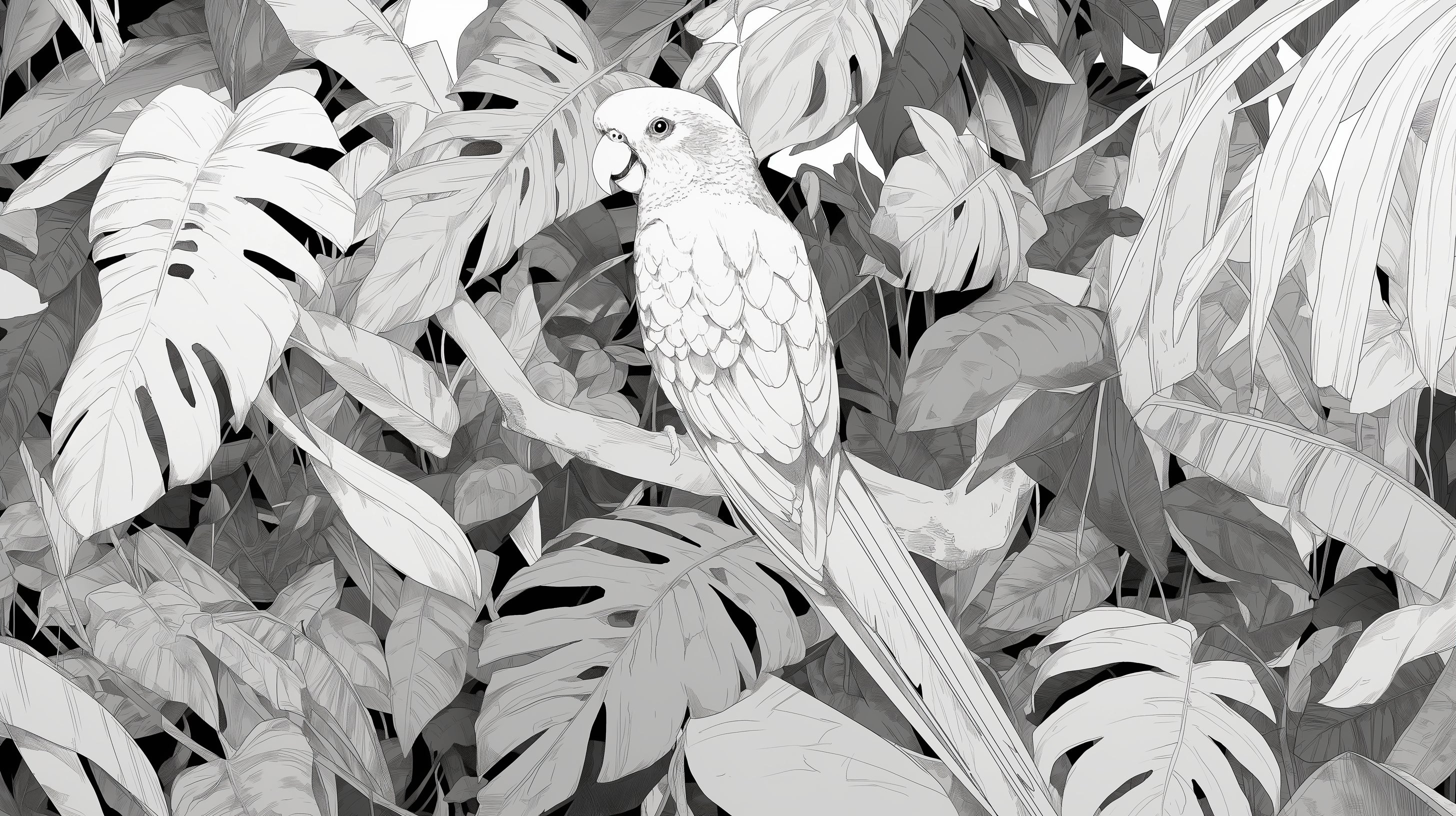 Black and white tropical bird wallpaper design file showing detailed parrot and monstera pattern