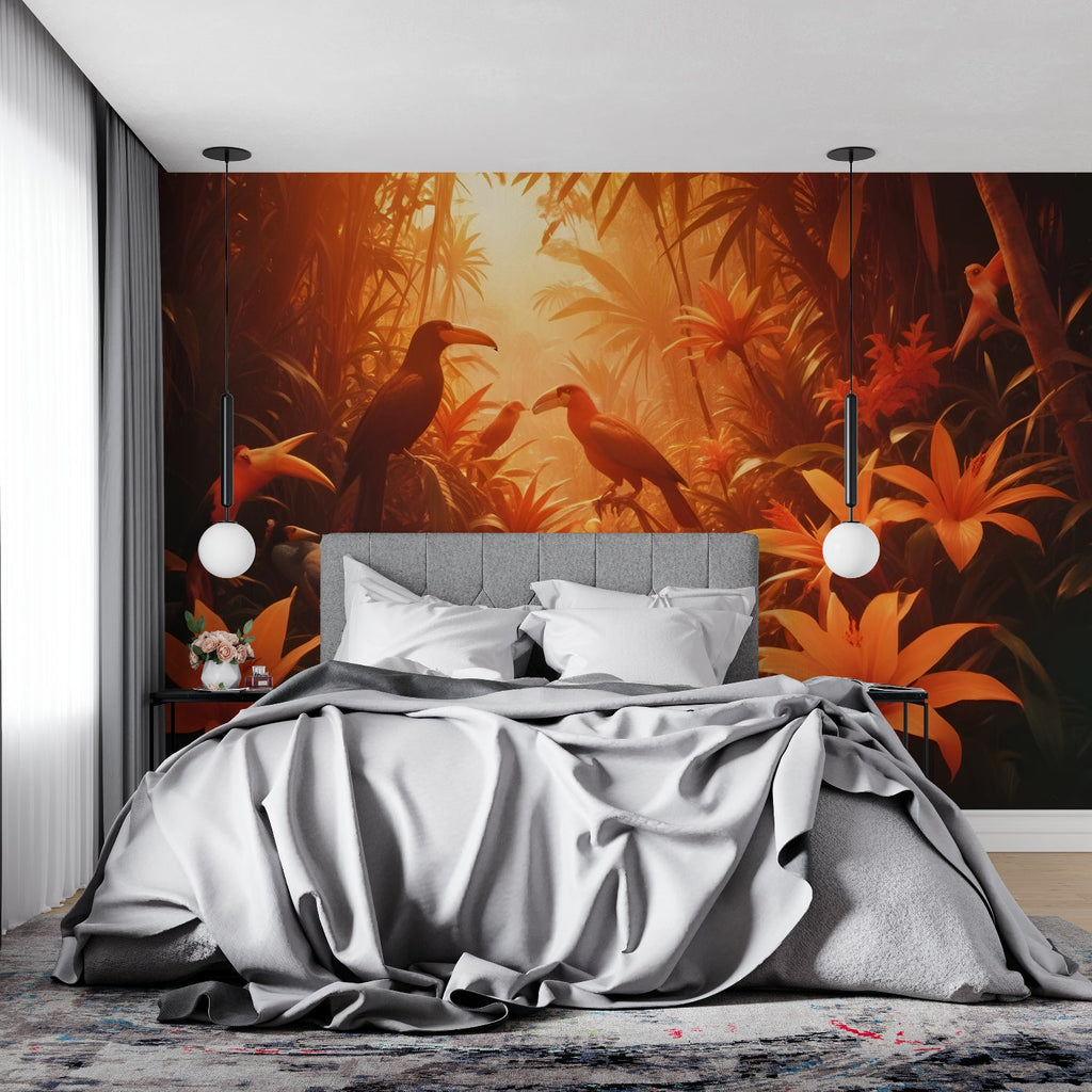 Sunset jungle mural creating cozy atmosphere in master bedroom