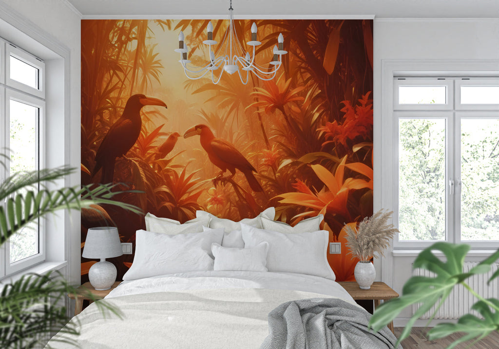 Orange tropical birds wallpaper making statement in dining room