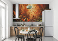Tropical birds wallpaper creating a warm ambiance in a modern living room with orange sunset glow
