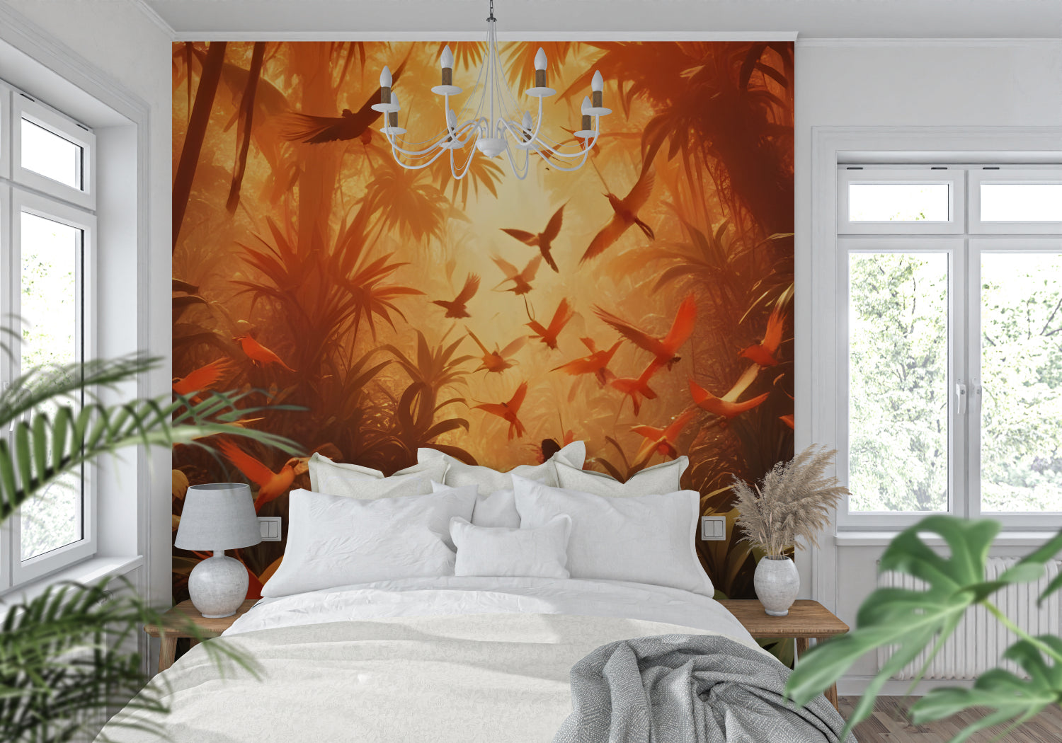 Birds in flight wallpaper showcased in a hotel lobby with mood lighting