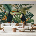 Tropical bird wallpaper with toucans and monstera leaves creating a stunning focal point in a modern living room