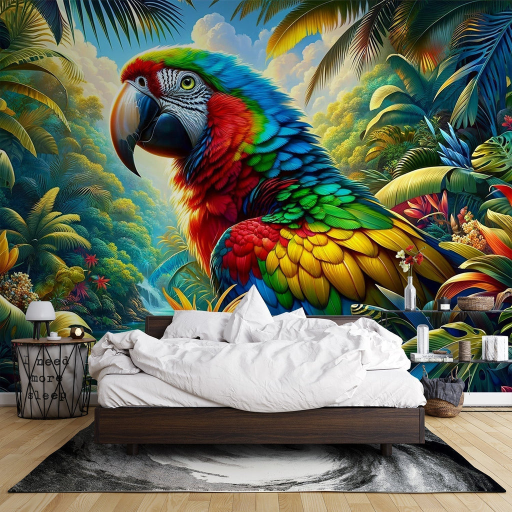 Tropical bird wallpaper with vibrant macaw creating a stunning accent wall in a modern living room with natural light