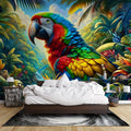 Tropical bird wallpaper with vibrant macaw creating a stunning accent wall in a modern living room with natural light