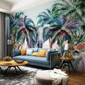 Tropical elephant wallpaper in a bright living room creating a stunning focal point with colorful palm trees