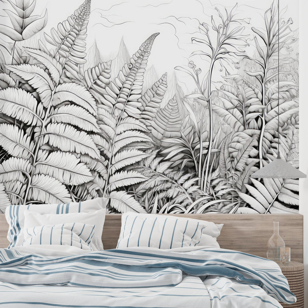 Black and white botanical wallpaper making a statement in a dining room