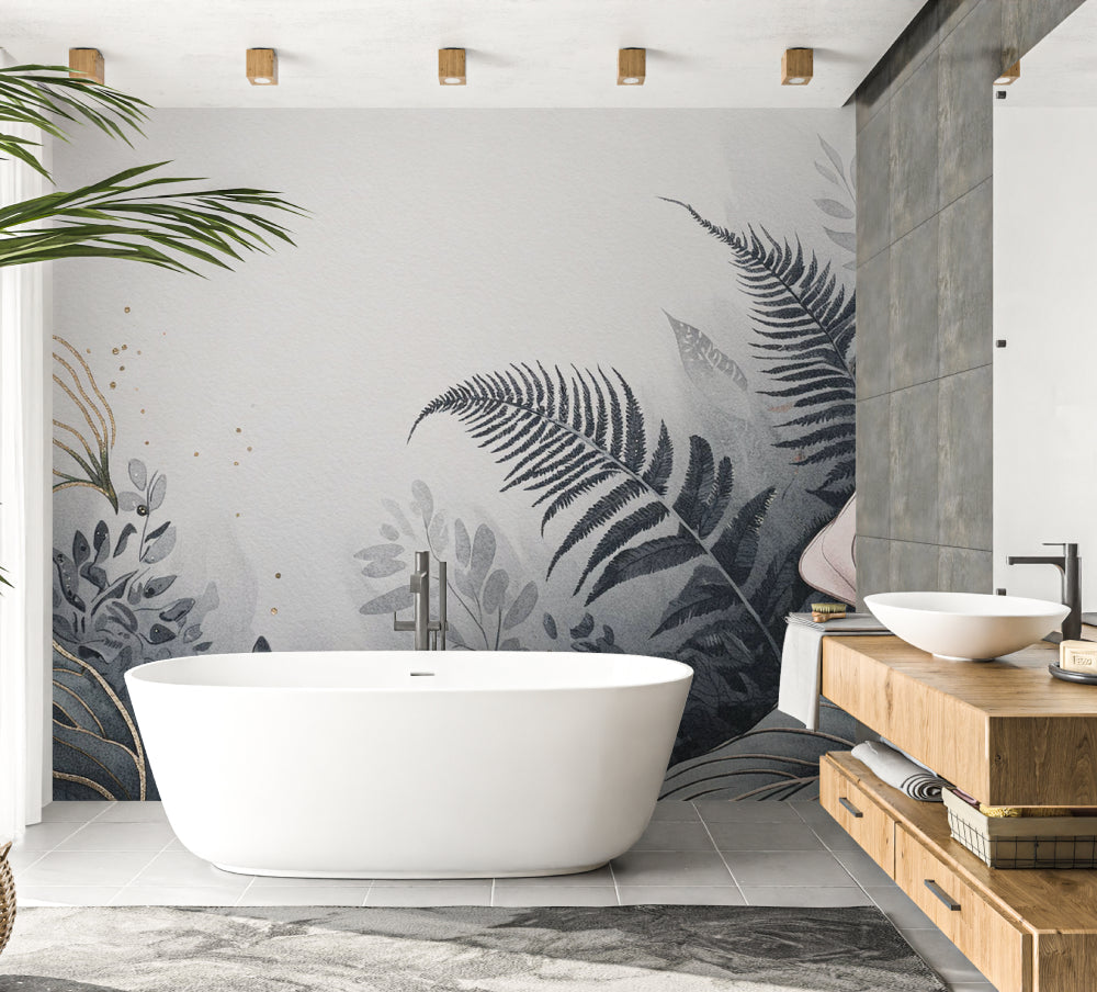 Grey and gold botanical wallpaper creating calm in master bedroom