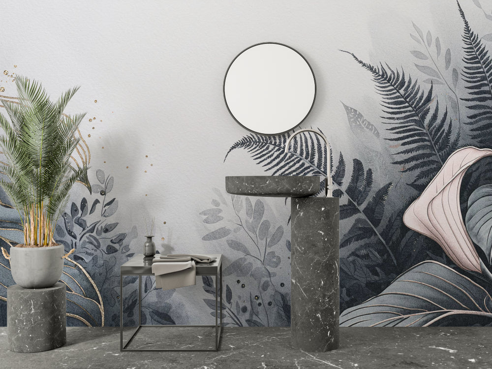 Botanical grey wallpaper making dining room feel modern and fresh