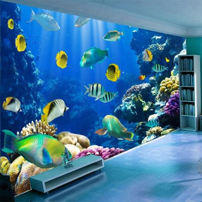 Underwater coral reef mural creating depth in a bright bathroom space