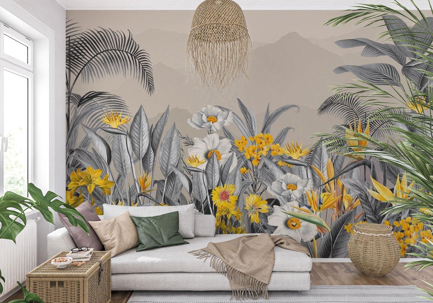 Birds of Paradise wallpaper in restaurant showing elegant grey botanical design