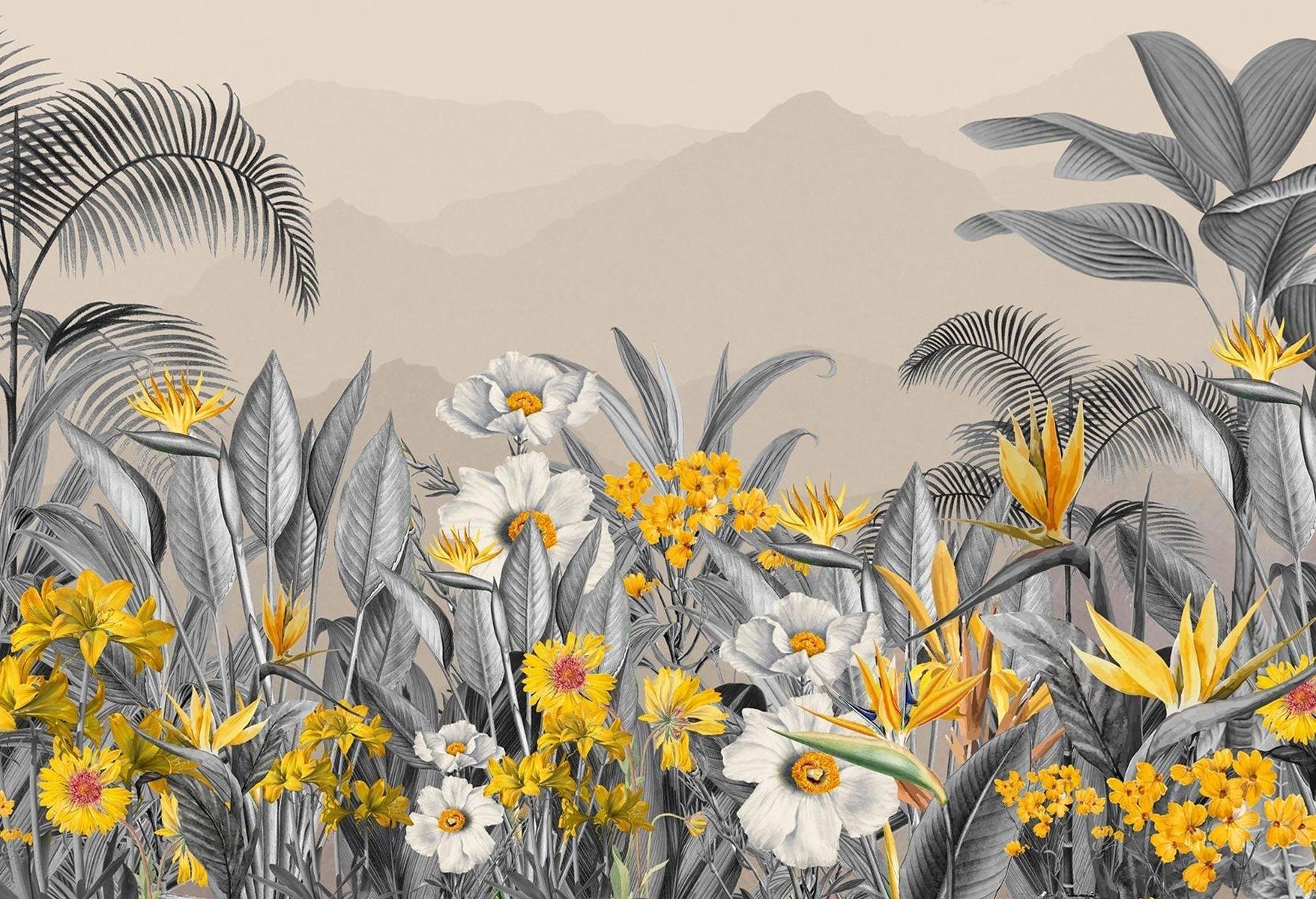 Tropical botanical wallpaper design file showing detailed grey palm leaves and golden Birds of Paradise pattern