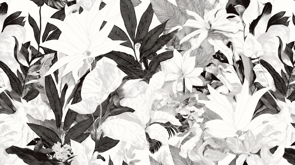 Black and white botanical wallpaper design file showing detailed tropical foliage pattern