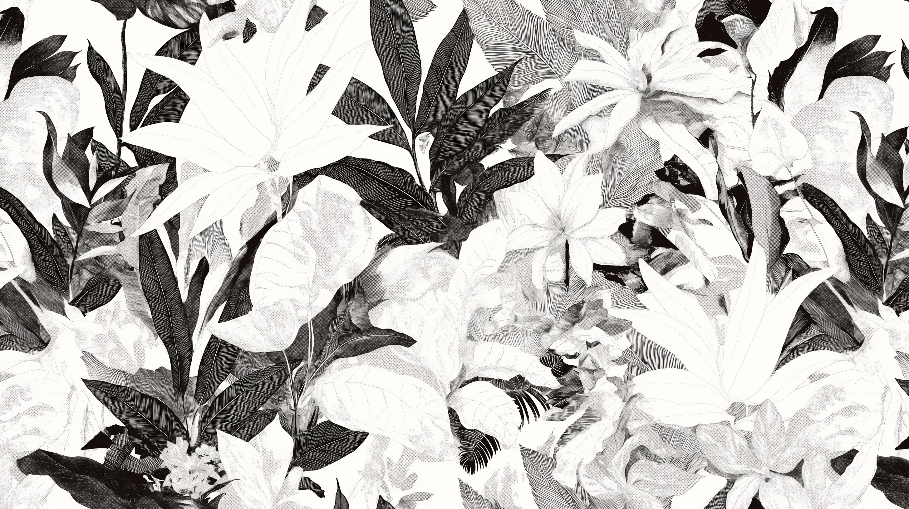 Black and white botanical wallpaper design file showing detailed tropical foliage pattern