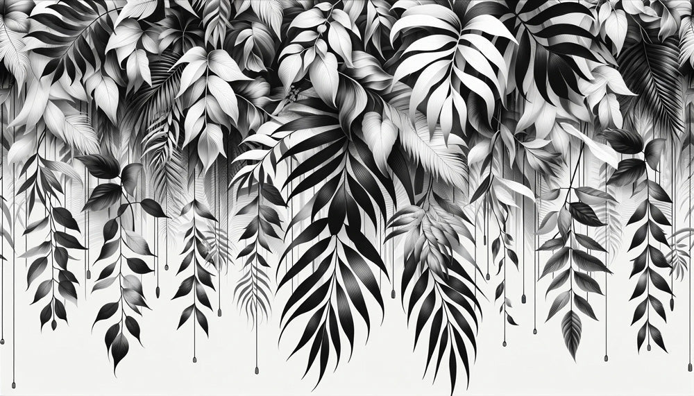 Black and white botanical design file showing detailed tropical leaf pattern and intricate line work