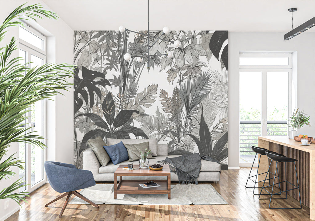 Tropical leaf wallpaper making a statement in a contemporary dining room with black furniture