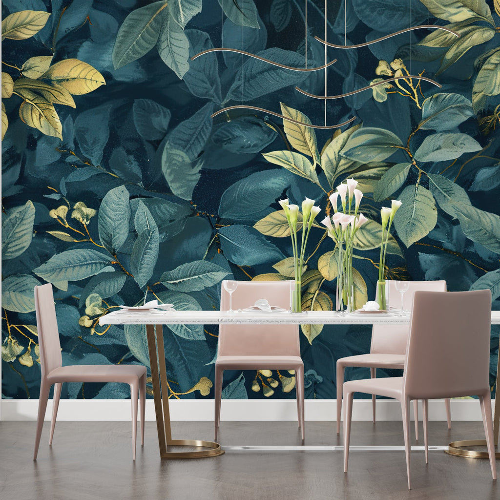 Teal and gold botanical wallpaper creating depth in dining room setting