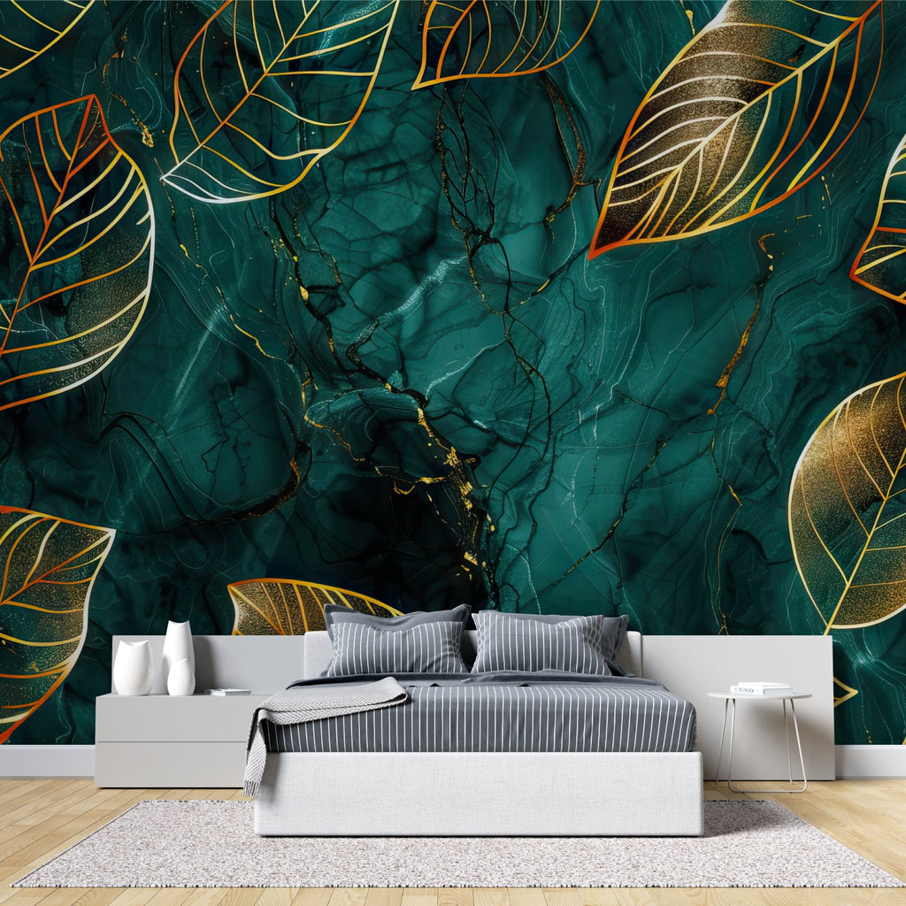 Home office featuring tropical green and gold leaf wallpaper for a fresh workspace