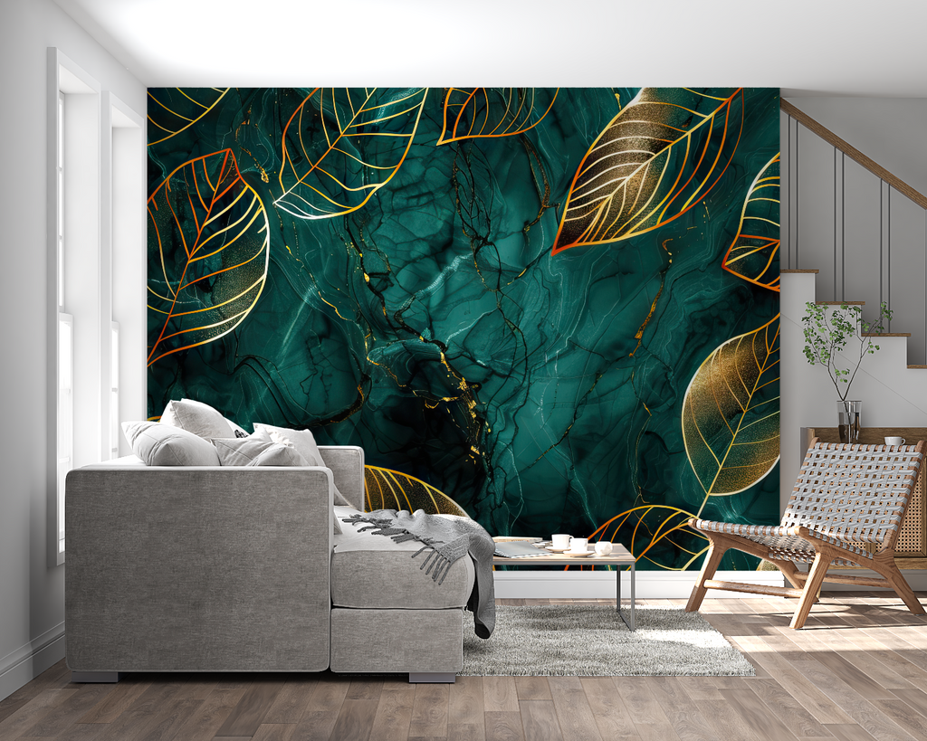 Living room with emerald green tropical wallpaper showing golden leaf details in evening light