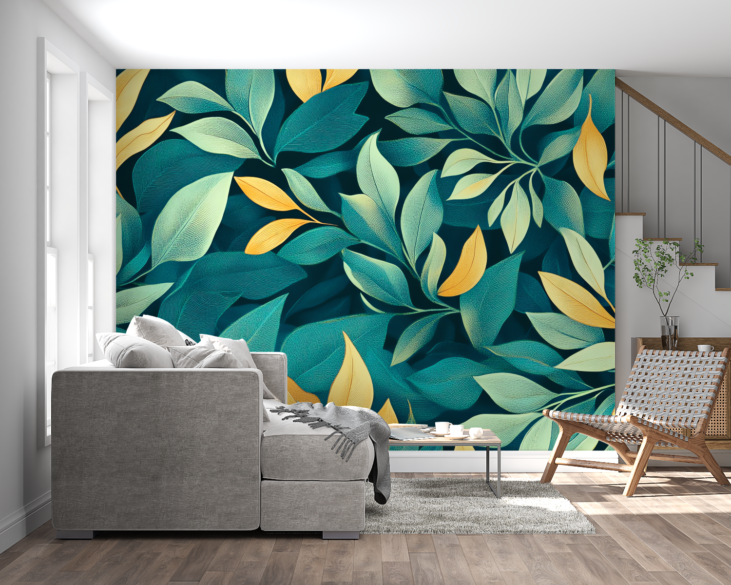 Green and gold tropical wallpaper transforming home office with natural vibes