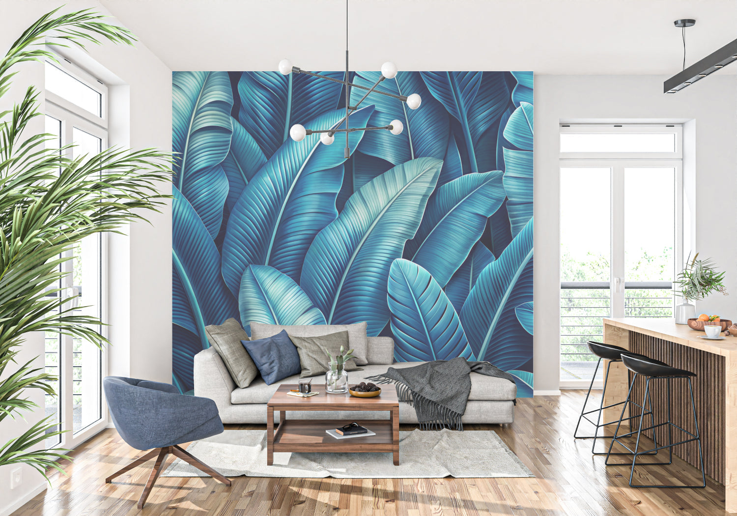 Tropical banana leaf mural in blue tones brightening hotel lobby space