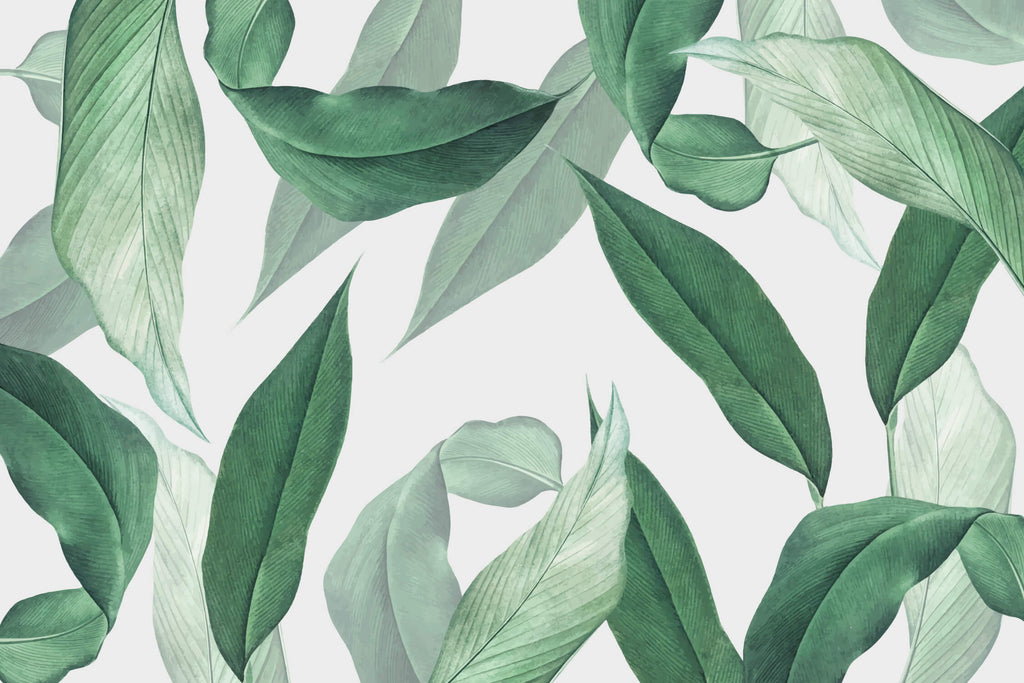 Detailed design file showing rich green tropical leaves pattern on white background
