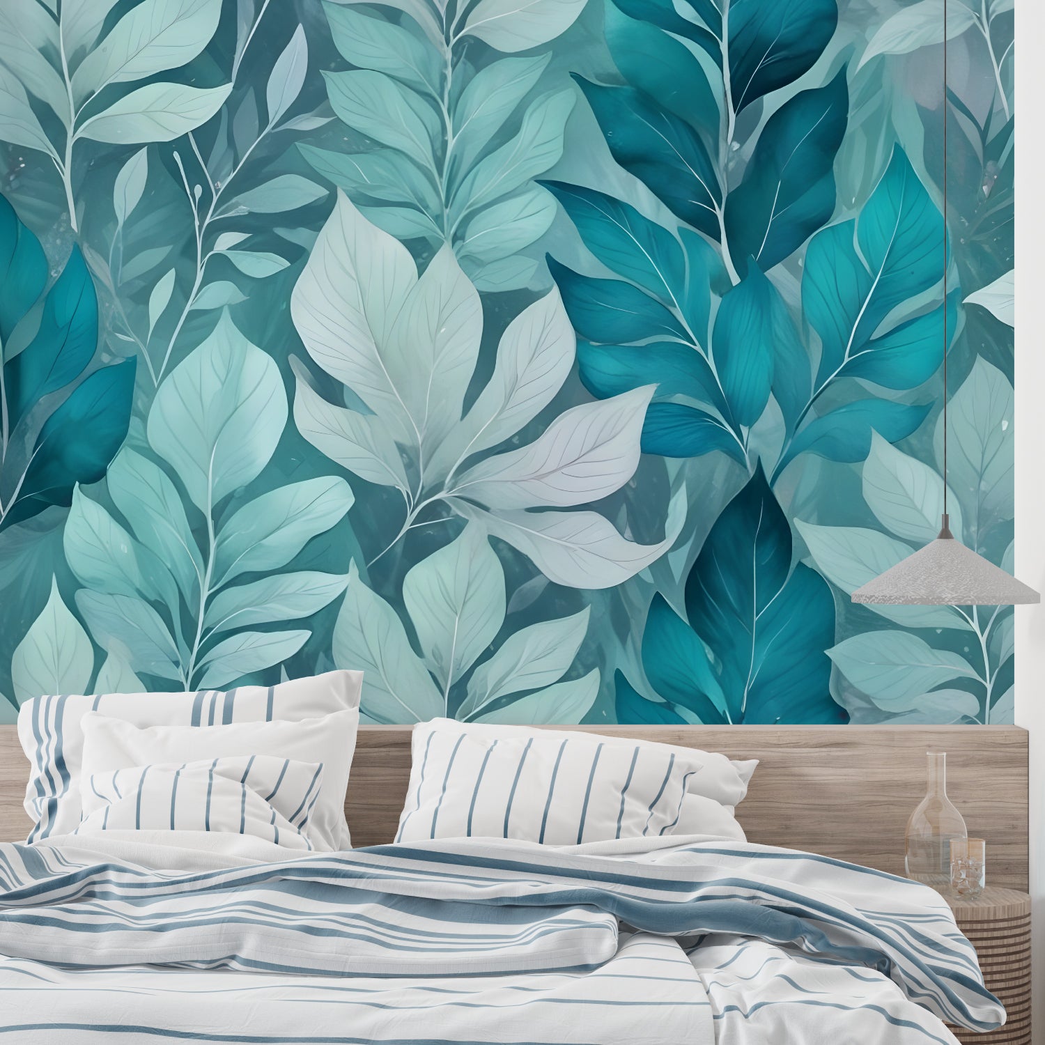 Large-scale leaf wallpaper making a bedroom feel like a peaceful tropical retreat