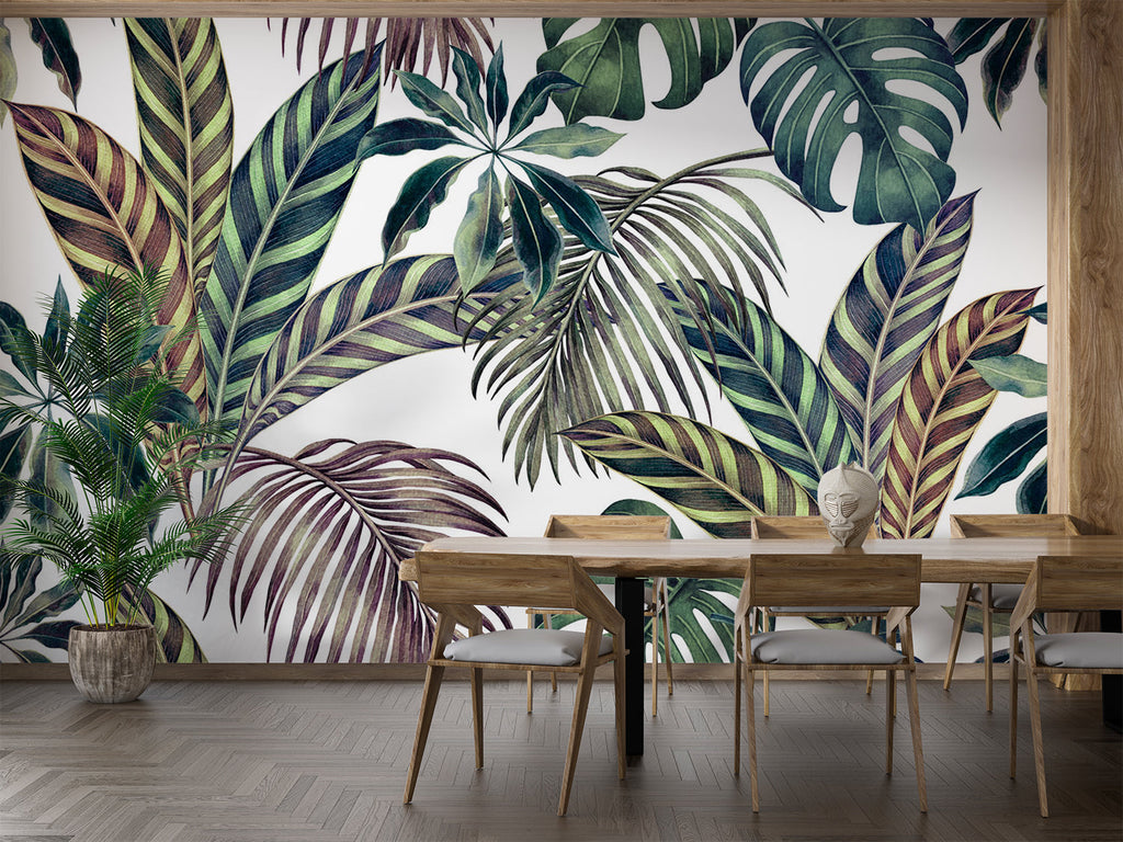 Tropical leaf wallpaper creating a fresh vibe in modern living room with white sofa