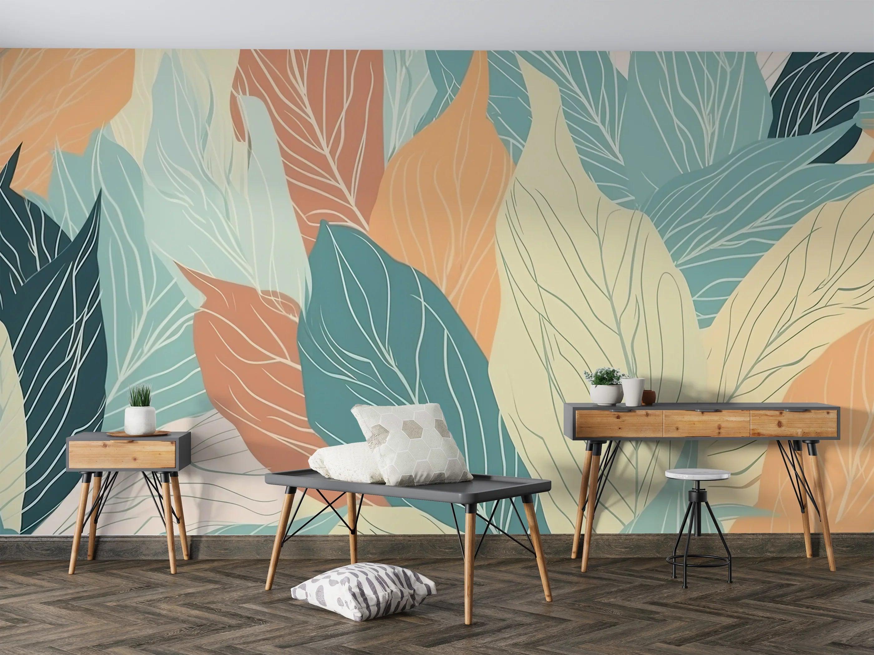 Modern Tropical Leaf Wallpaper creating a fresh atmosphere in a bright living room with minimalist furniture
