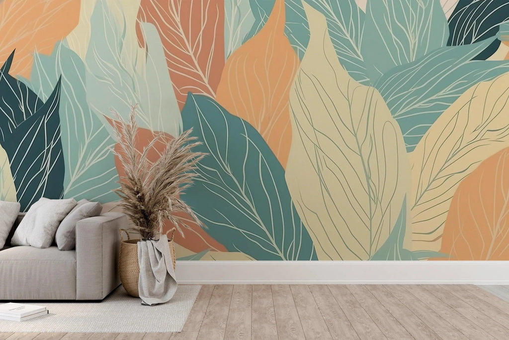 Tropical Leaf Mural Wallpaper making a statement in a contemporary bedroom with natural decor