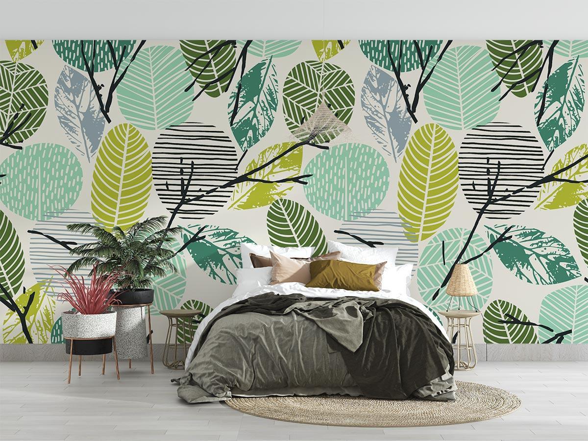 Tropical leaf wallpaper with geometric pattern brightening a modern living room with natural light