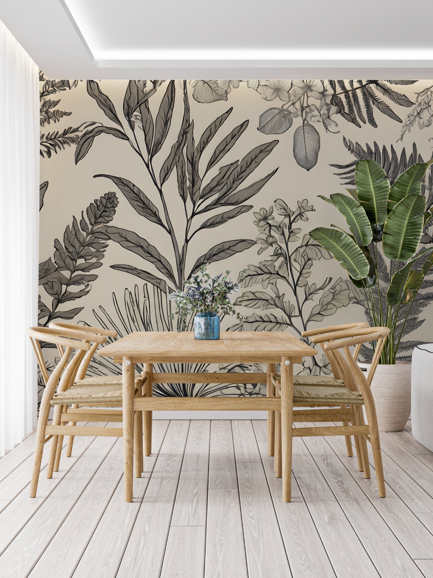 Tropical botanical line art wallpaper in a modern living room, creating an elegant focal wall with monochrome palm patterns