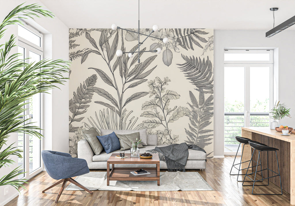 Botanical line art wallpaper adding artistic flair to a home office with elegant palm fronds