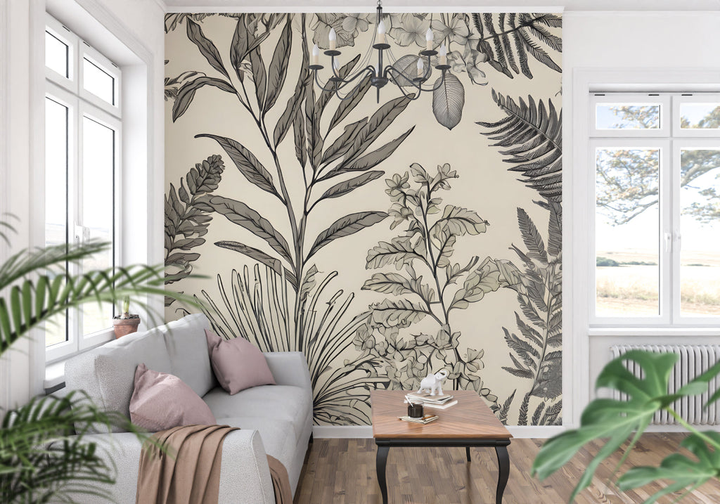 Monochrome tropical wallpaper creating a serene atmosphere in an entryway with detailed foliage patterns