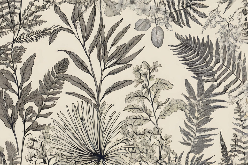 Design file showing intricate tropical botanical line art pattern in monochrome tones