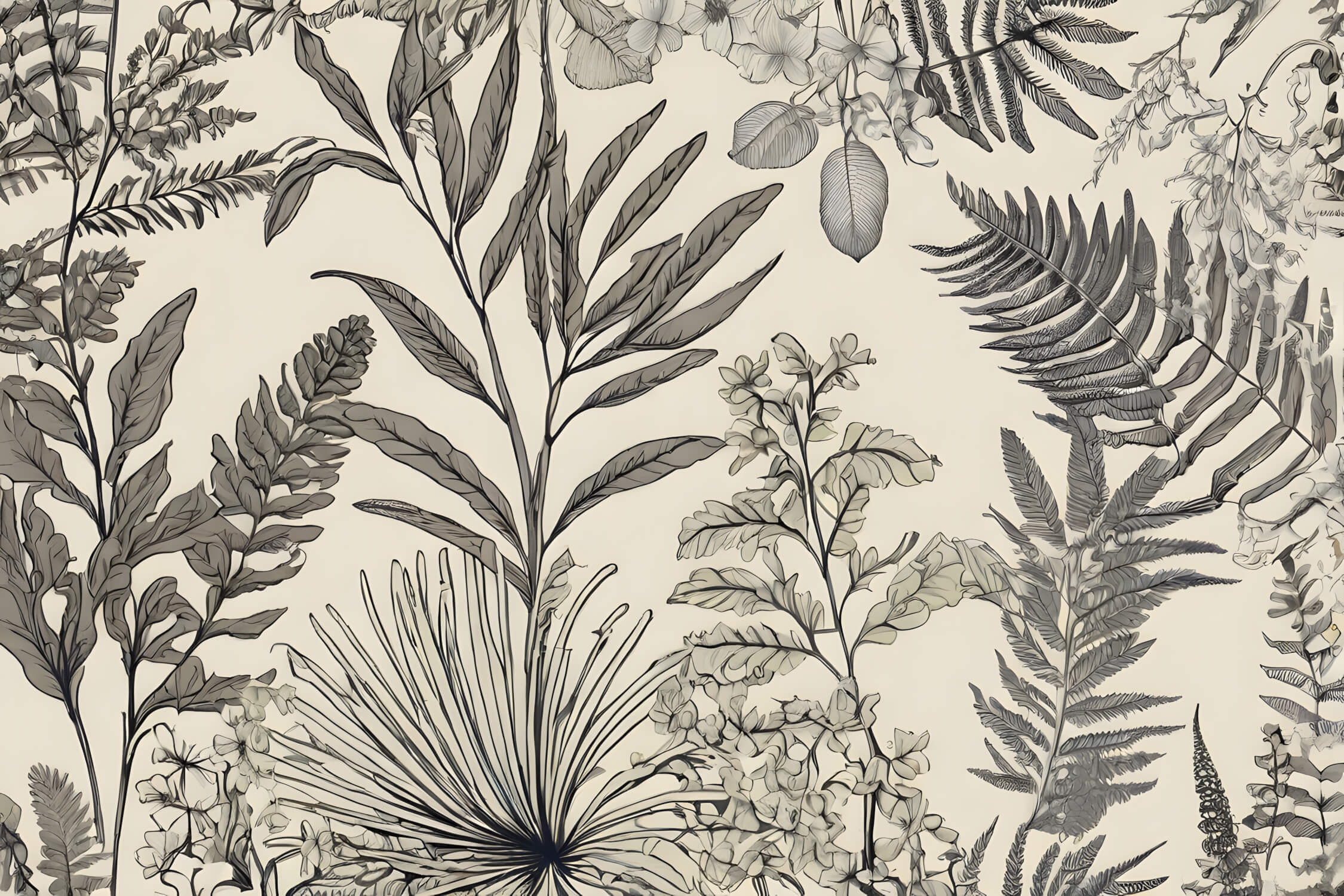 Design file showing intricate tropical botanical line art pattern in monochrome tones
