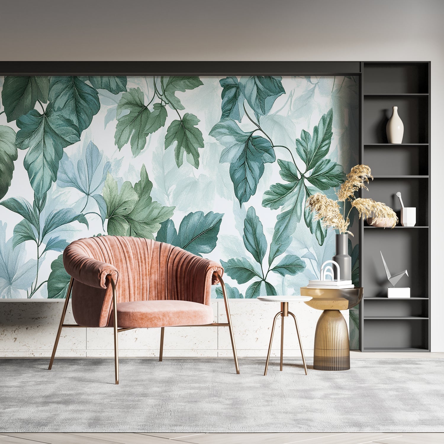 Tropical leaf wallpaper adding sophistication to a dining room with pendant lighting