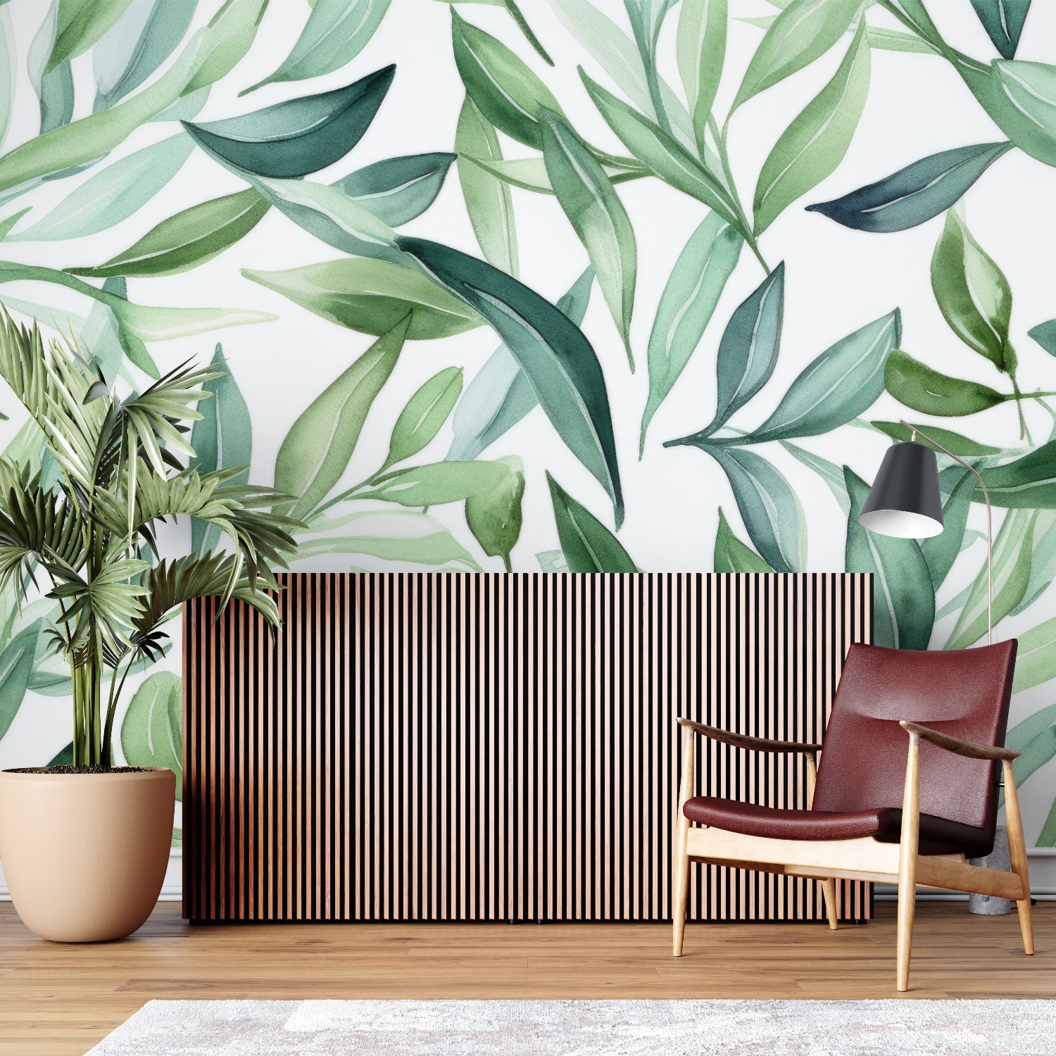 Green botanical wallpaper bringing fresh energy to a minimalist bedroom space