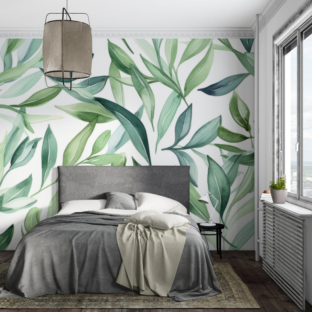 Botanical leaf wallpaper adding depth to a dining room with soft lighting