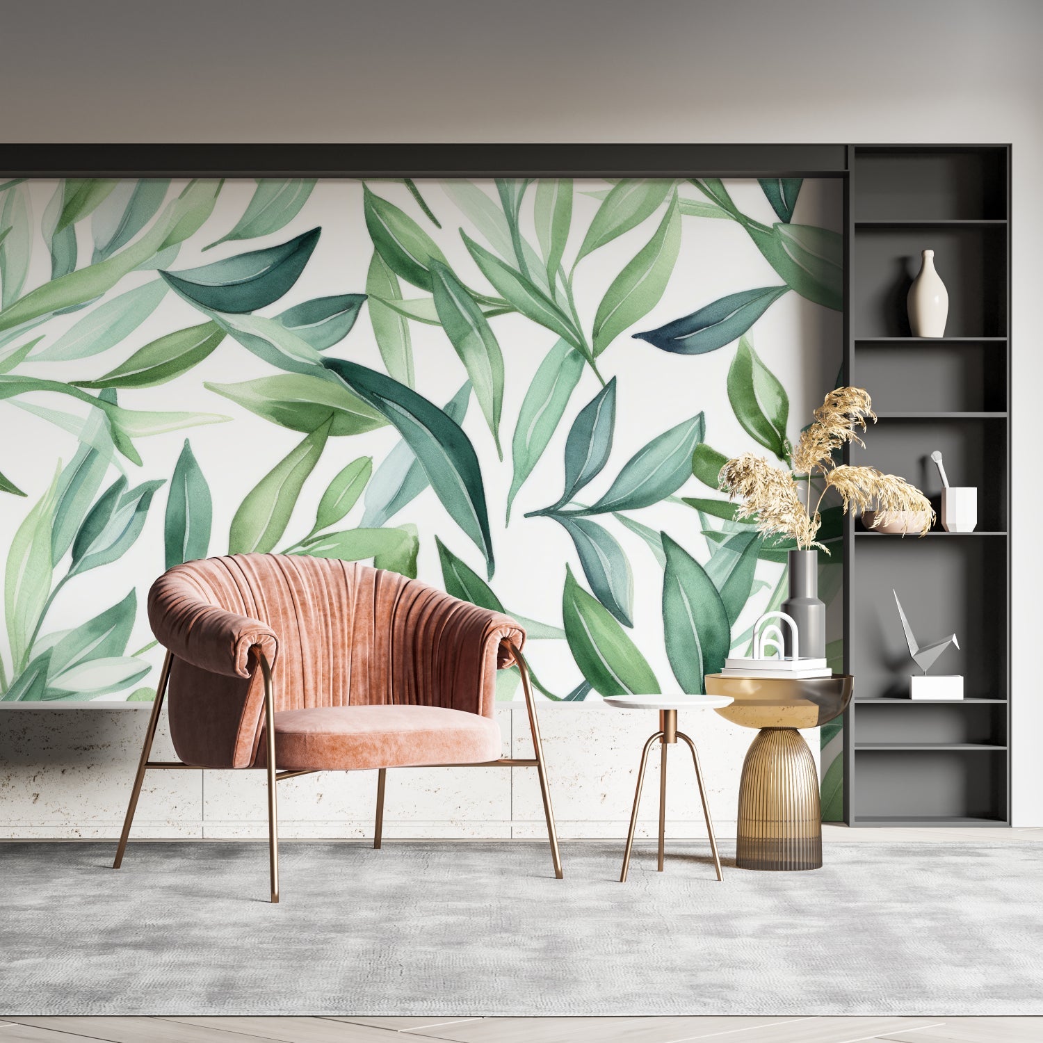 Tropical foliage mural creating a peaceful reading nook in a corner space