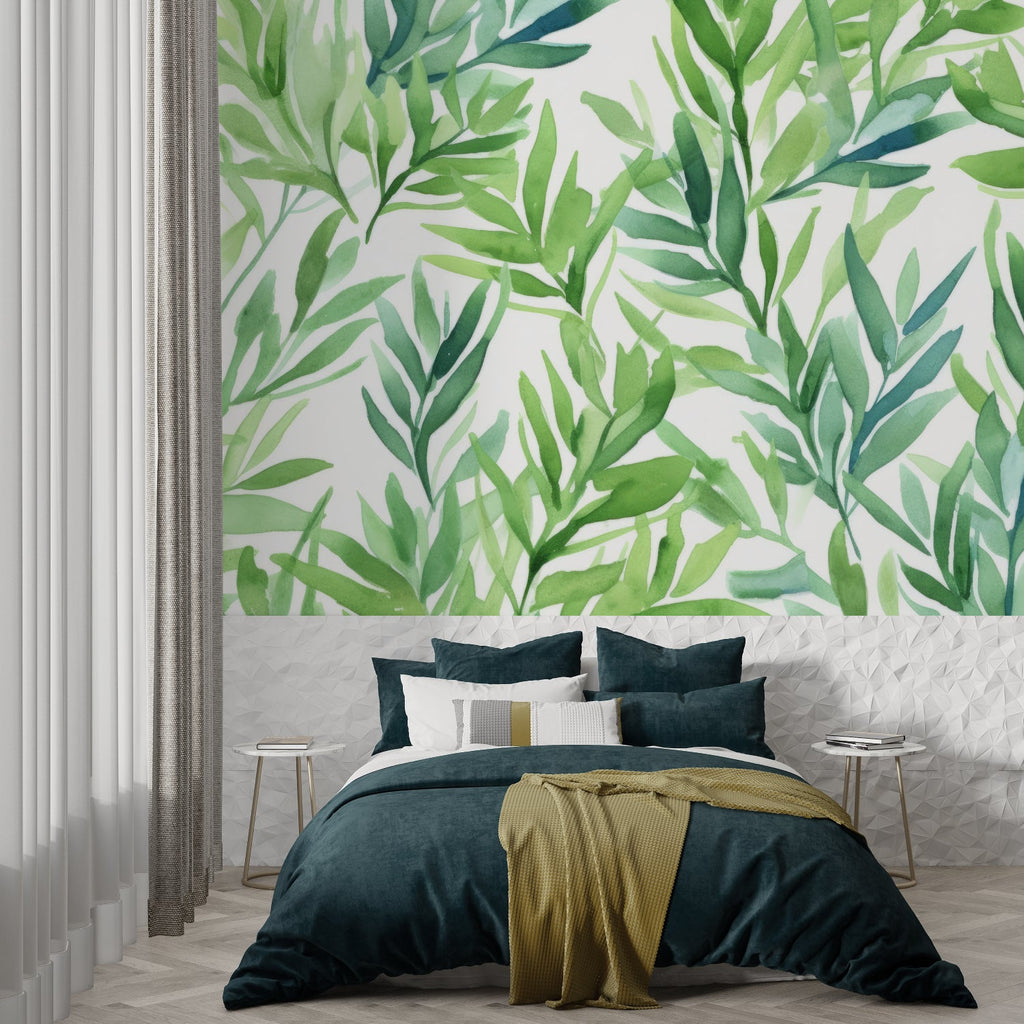 Green botanical wallpaper creating spa-like atmosphere in master bedroom