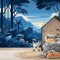 Tropical forest wallpaper with blue mountains creating a calm atmosphere in a modern living room with natural light