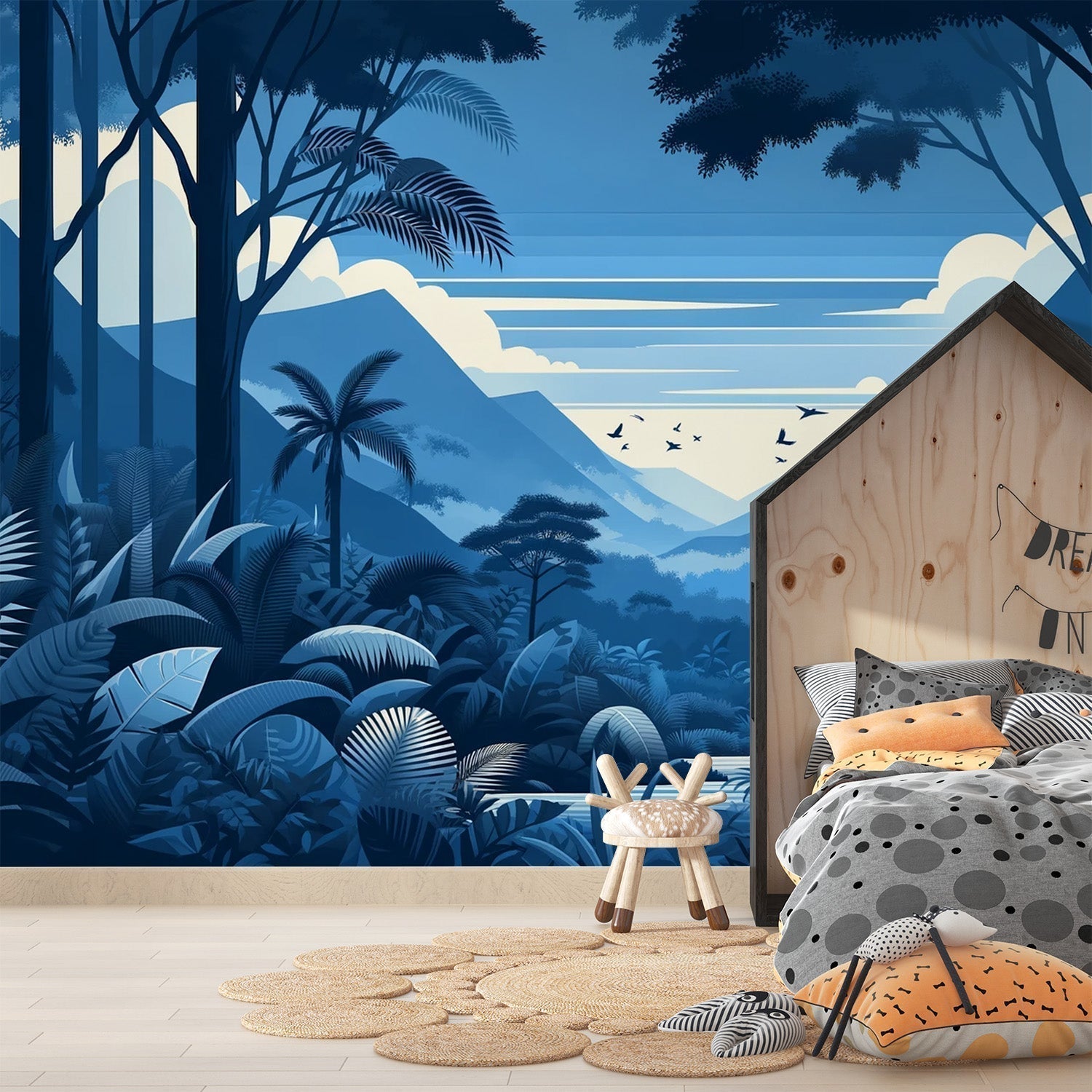 Tropical forest wallpaper with blue mountains creating a calm atmosphere in a modern living room with natural light
