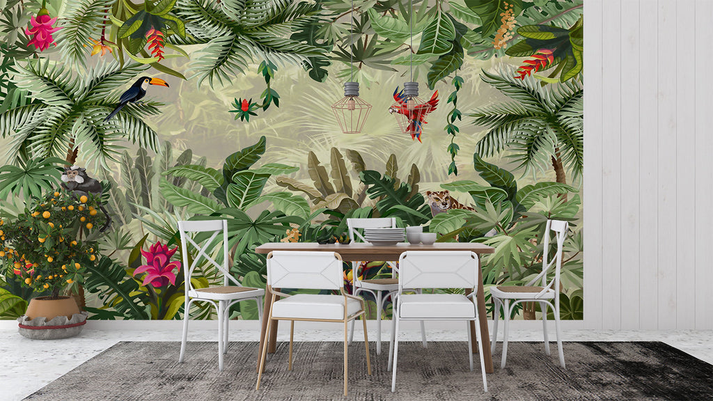 Tropical forest wallpaper with exotic birds creating a calm atmosphere in a modern living room