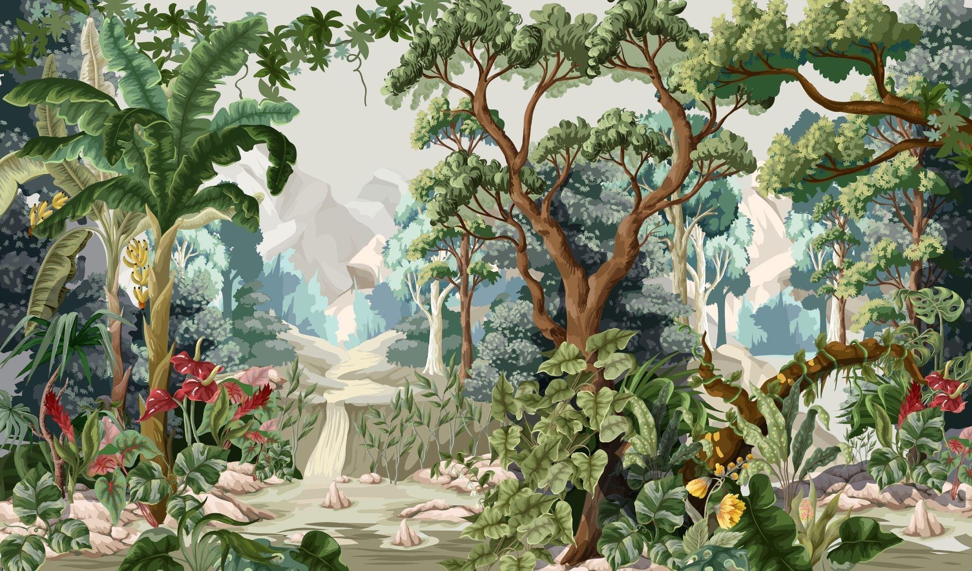 Tropical forest wallpaper design file showing detailed exotic flora pattern