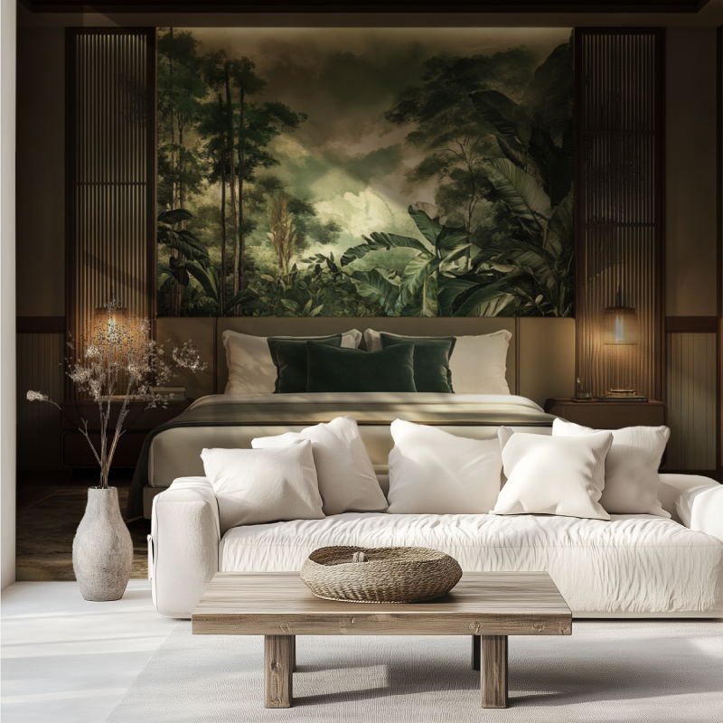 Jungle landscape wallpaper in master bedroom showing morning light