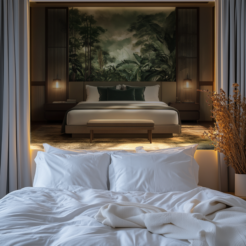 Tropical forest wall mural in hotel lobby showing scale
