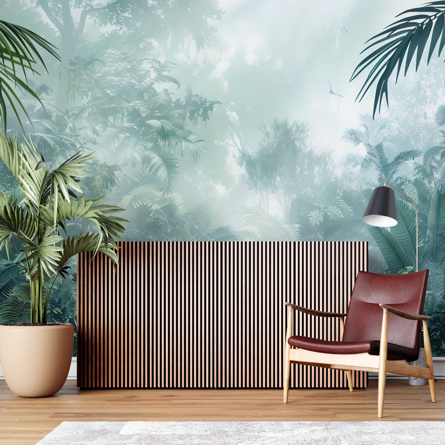 Green forest mural adding depth to a dining room with soft lighting