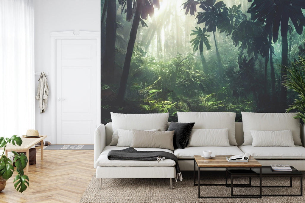 Jungle mural wallpaper in a bedroom, making the space feel connected to nature