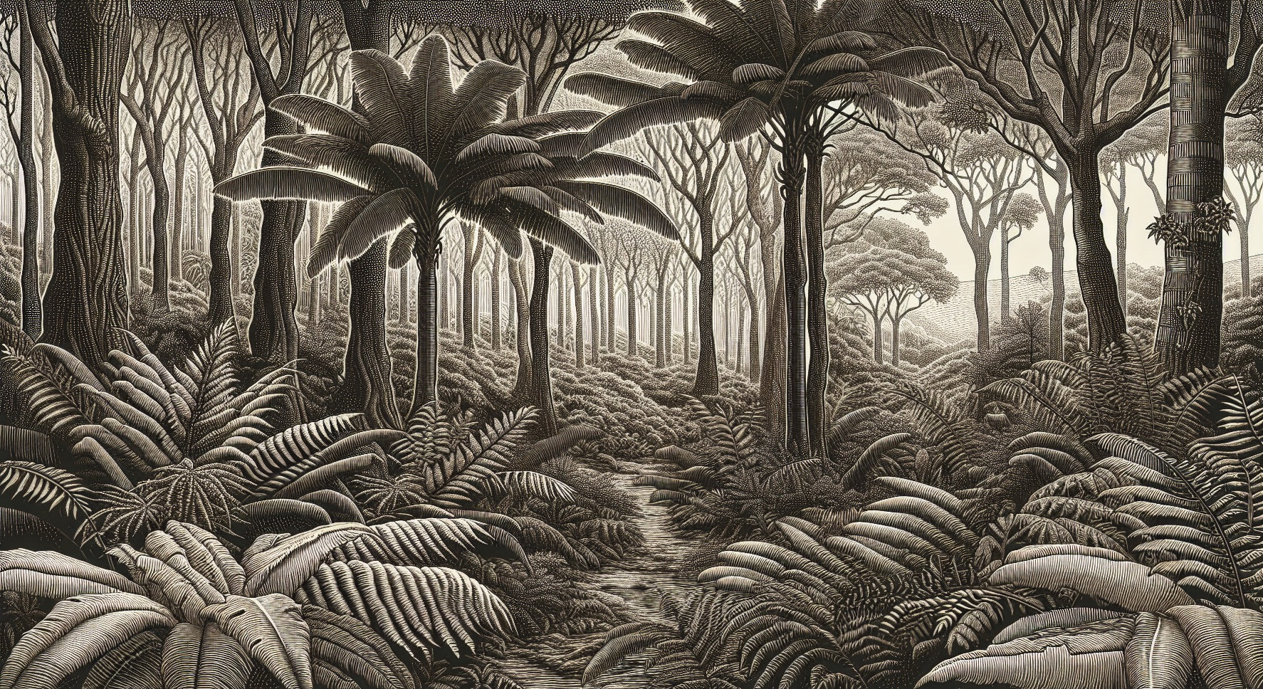 Monochrome tropical forest design file showing detailed jungle pattern with palm trees and ferns